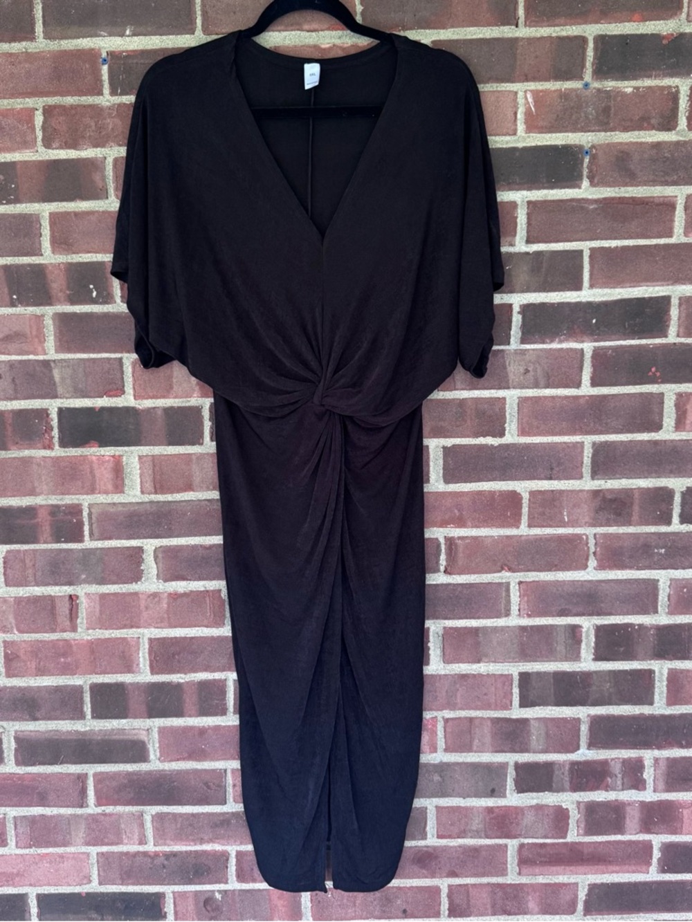 Black Twist Front Midi Dress Womens 0XL Stretch V Neck Short Sleeve Classic